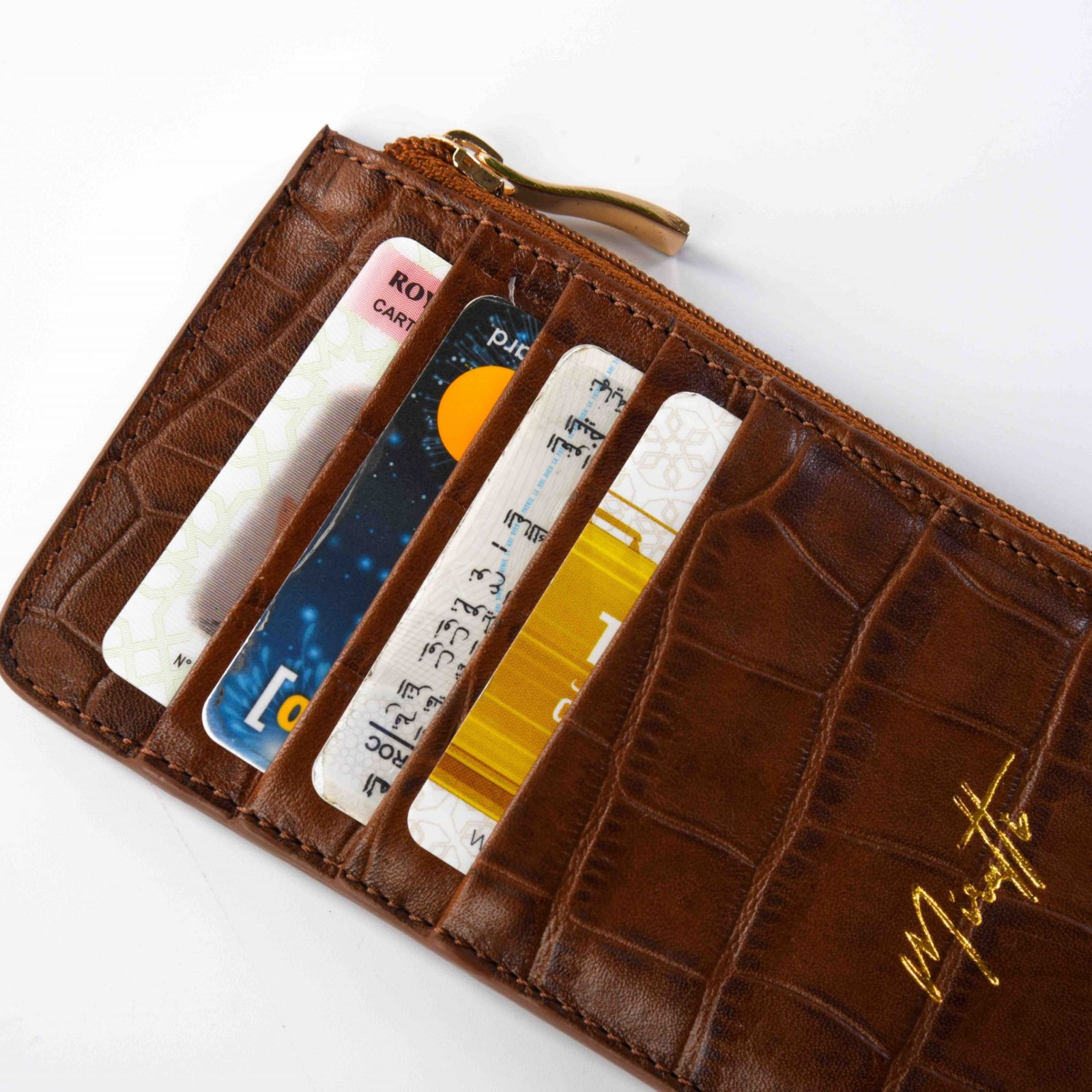 Portefeuille zippé croco chocolat