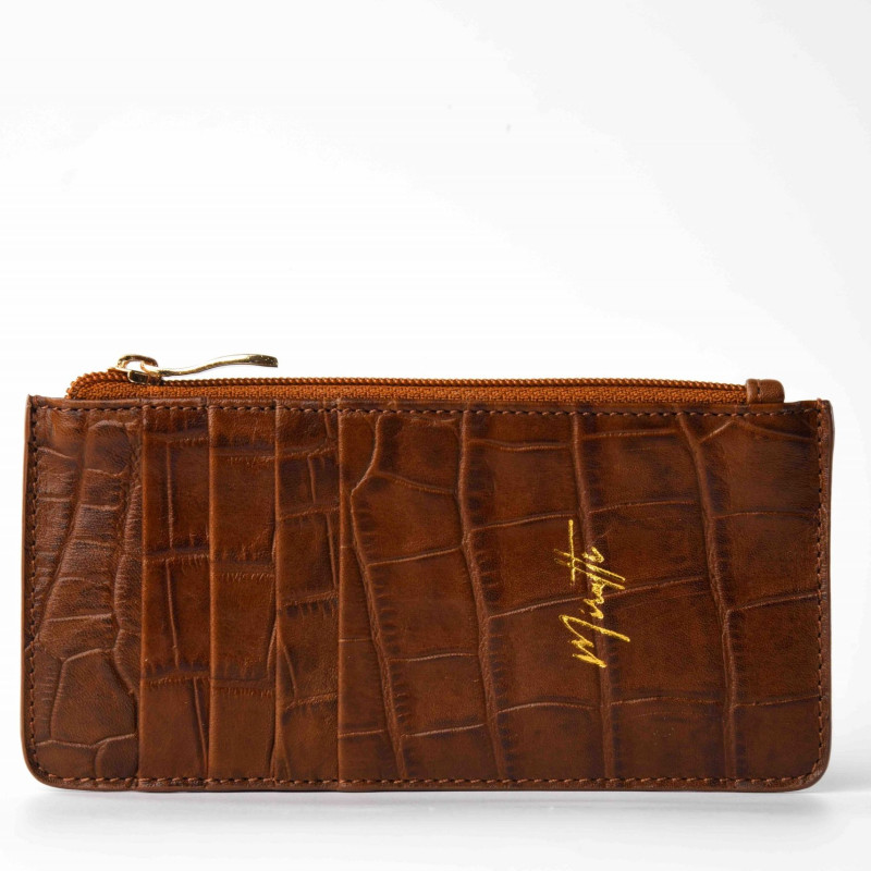 Portefeuille zippé croco chocolat