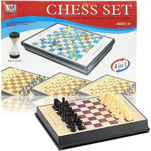 Coffret 4 en 1 : Échecs, Dames, Serpents et Échelles