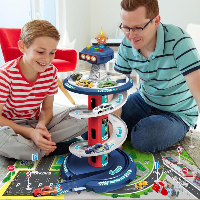 Garage de voitures pour enfants – Circuit de course avec sons, lumières, 3 voitures et tapis de jeu
