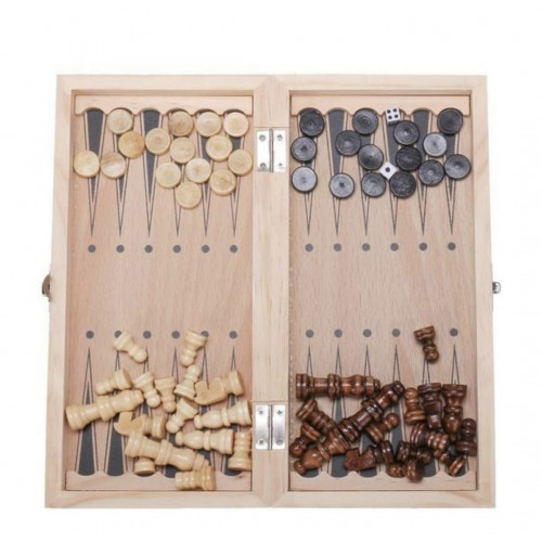 Coffret de jeu en bois Echecs, Dames, Backgammon Coffret de jeu en bois Echecs, Dames, Backgammon