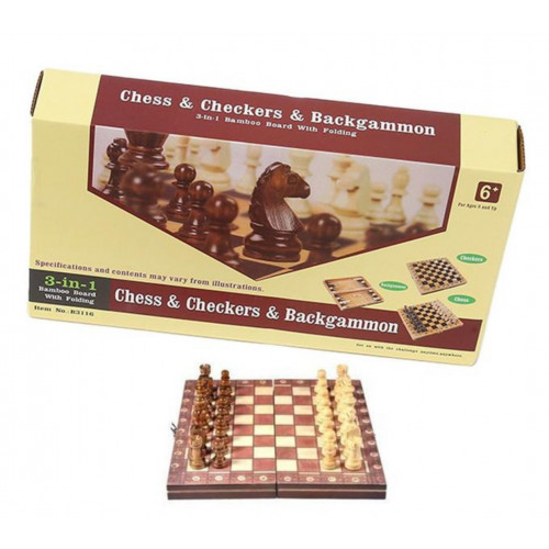 Coffret de jeu en bois Echecs, Dames, Backgammon Coffret de jeu en bois Echecs, Dames, Backgammon
