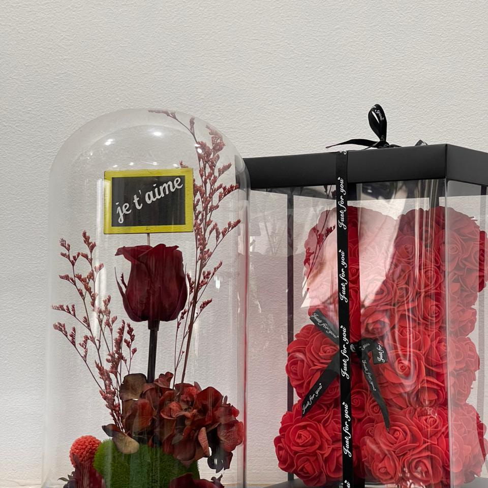 Pack 4 cloche de rose rouge éternelle et teddy de roses rouges et