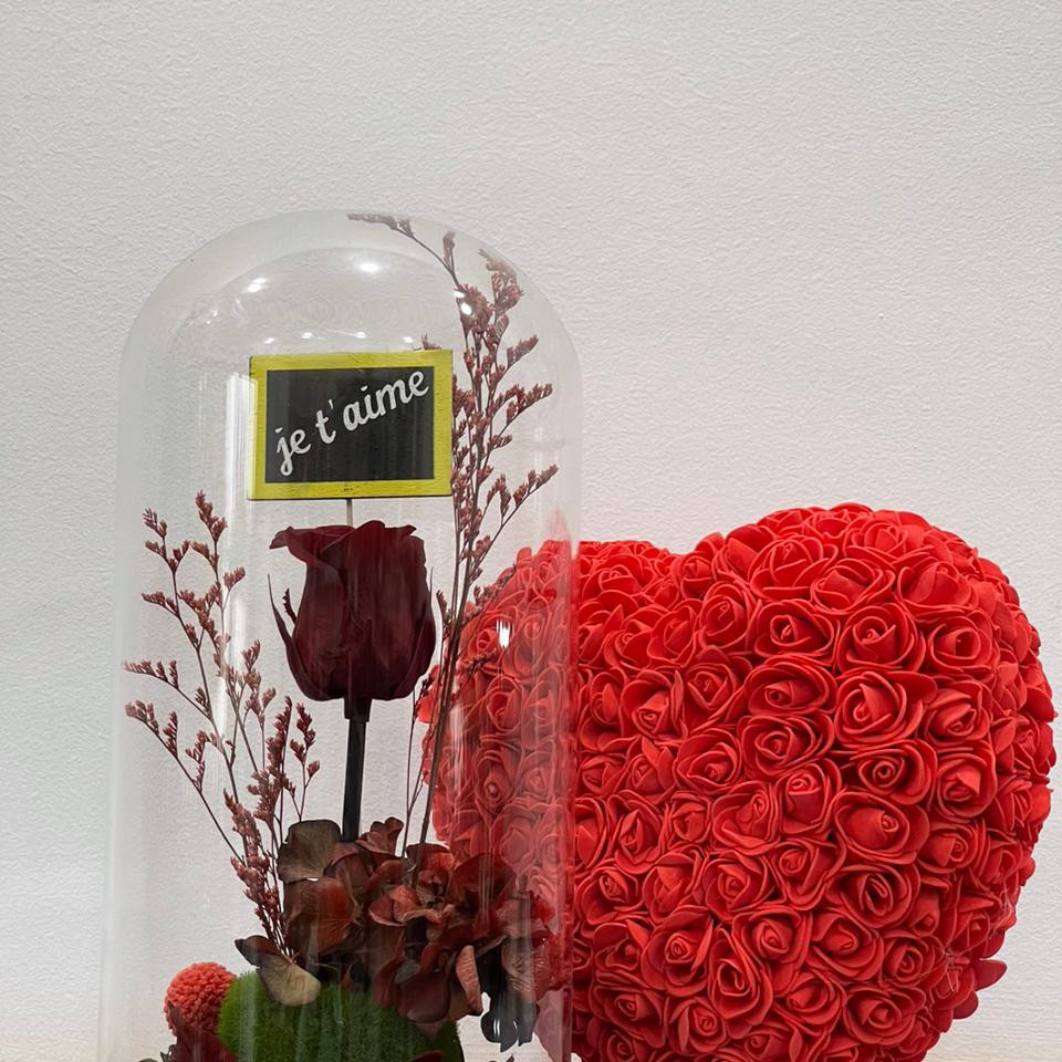 Pack 5 cloche de rose rouge éternelle et cœur de roses rouges artificielle