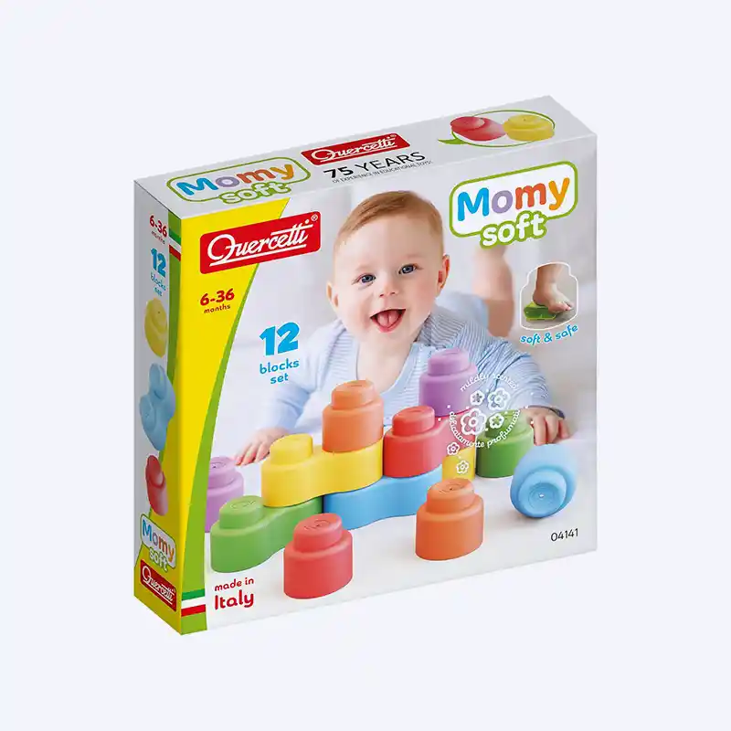 Quercetti MOMY Soft Happy Sounds – 12 Pièces | Blocs de Construction Souples avec Hochets | 6–36 Mois