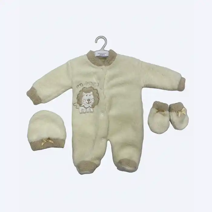 Ensemble Naissance B&eacute;b&eacute; Douillet Polaire 3 Pi&egrave;ces | Barboteuse Lion Brod&eacute; | Cr&egrave;me & Beige

