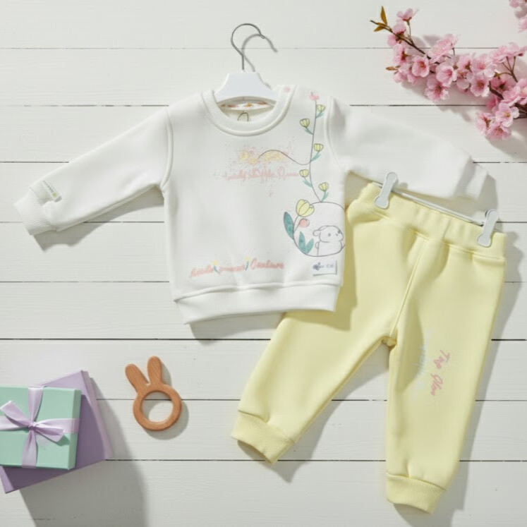 Ensemble Sweatshirt & Jogging B&eacute;b&eacute; Coton Imprim&eacute; Blanc/Jaune Clair
