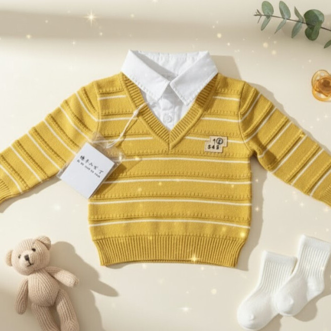 Pull bébé coton doux jaune avec chemise intégrée – Style & Confort