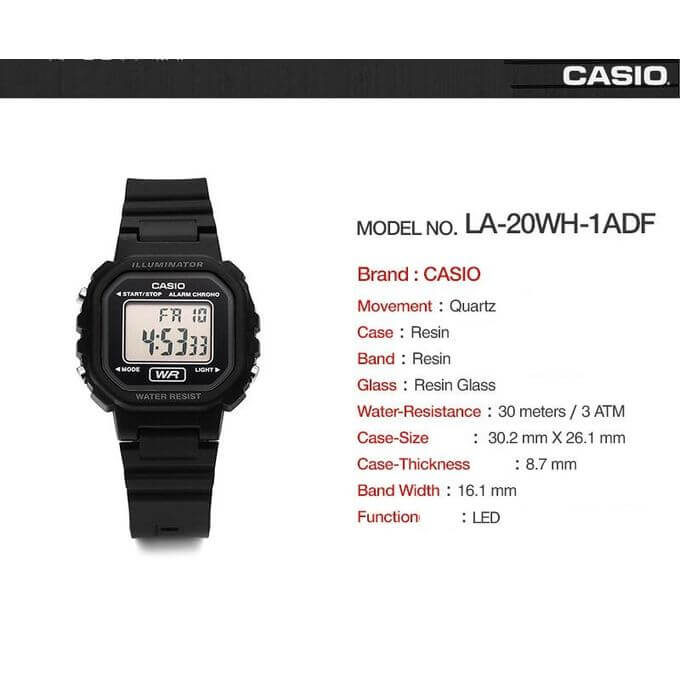 Casio – Montre digitale noir bracelet en caoutchouc noir – LA-20WH-1ADF