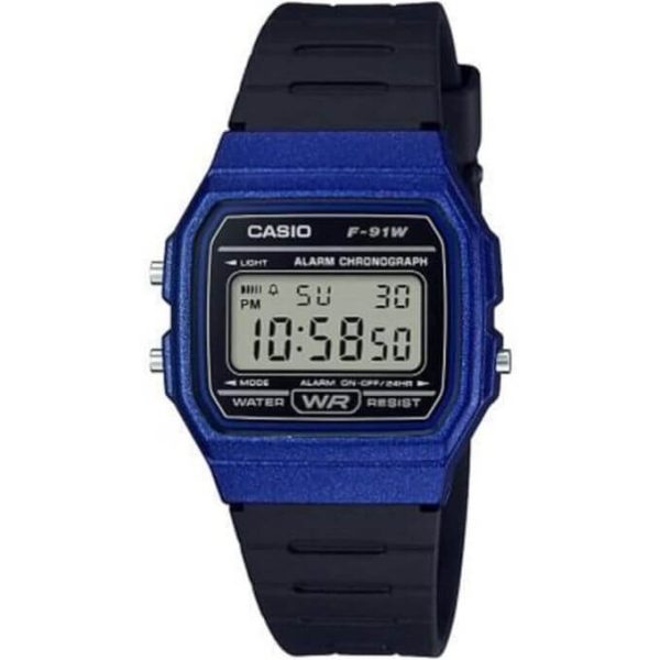 Casio – Digital bleu – Bracelet en résine noir – Étanche – Alarme & Chronographe – F-91WM-2ADF