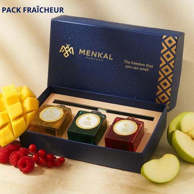 Menkal Parfums Pack Fraîcheur – Parfums MENKAL – Fruits Rouges, Douceur Tropicale & Souffle Naturel (3 x 100 ml)