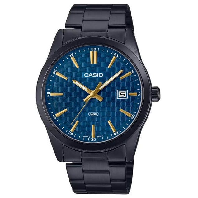 Casio – Noir – Tout en acier inoxydable – Cadran bleu – Avec dateur – MTP-VD03B-2AUDF