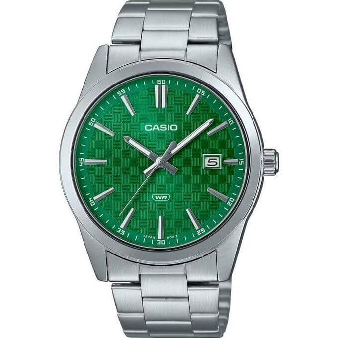 Casio &ndash; Argent&eacute; fond vert avec dateur &ndash; Bracelet en acier inoxydable &ndash; MTP-VD03D-3A1UDF