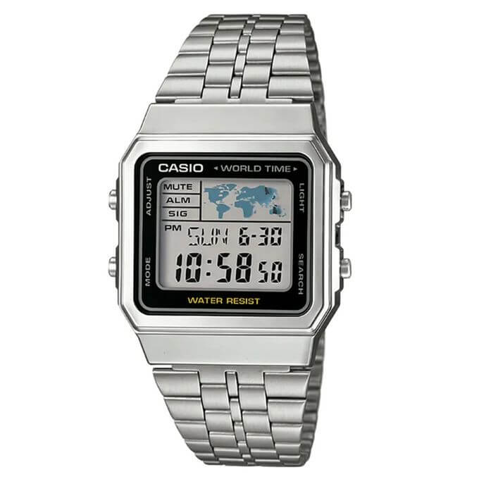 Casio &ndash; Affichage de la carte du monde &ndash; Vintage Collection &ndash; Bracelet en acier argent&eacute; &ndash; A500WA-1DF