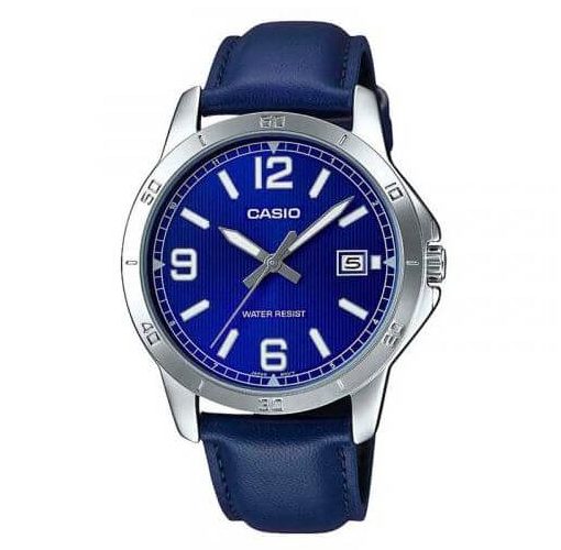 Casio – Montre homme argentée, bracelet en cuir bleu – MTP-V004L-2BUDF