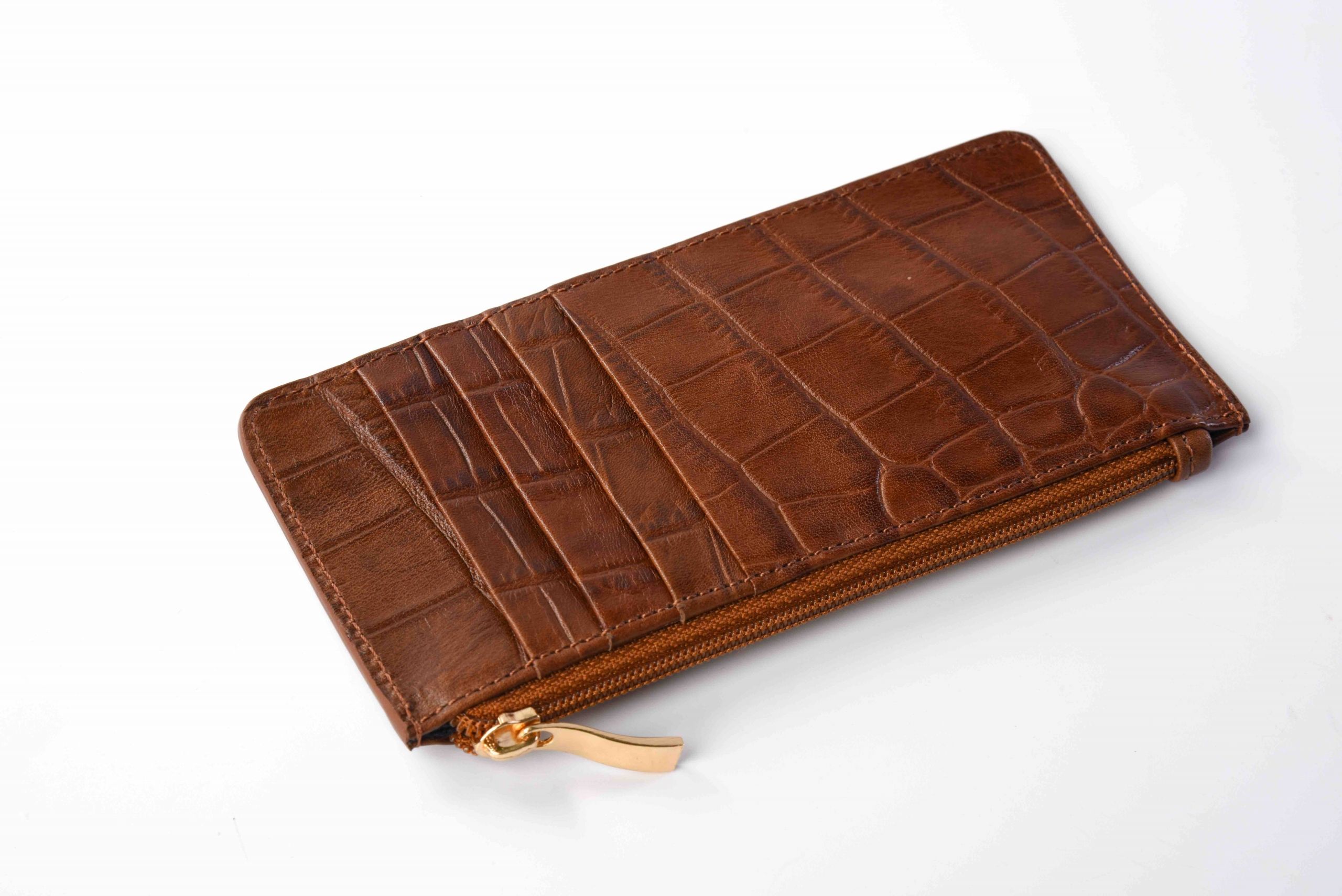 Portefeuille zippé croco chocolat